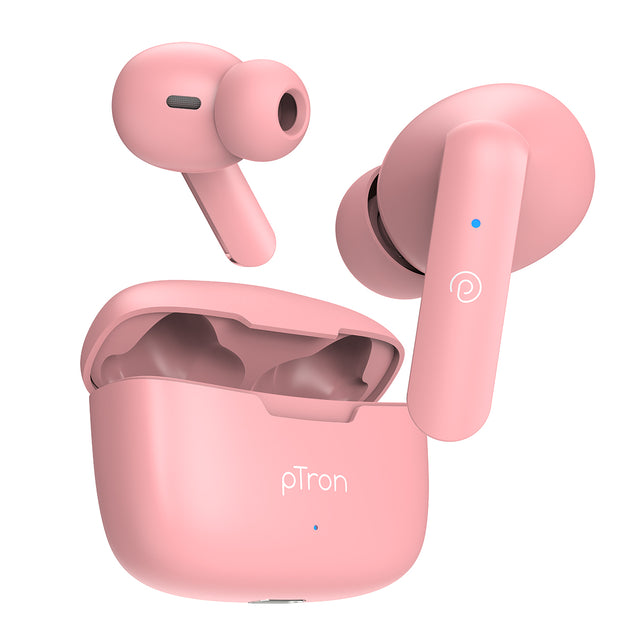 pTron Bassbuds Duo In-Ear Wireless Earbuds, Immersive Sound, 32Hrs Playtime, Clear Calls TWS Earbuds, Bluetooth V5.1 Headphone, Type-C Fast Charging, Voice Assist & IPX4 Water Resistant(Light Pink)