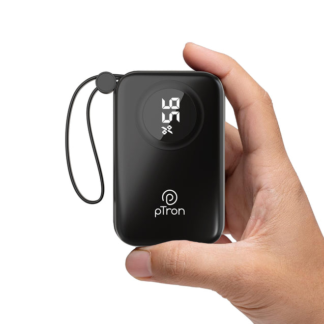 pTron Dynamo Electra 10000mAh 22.5W Nano Power Bank, Compact Size Fast Charging, Supports VOOC/Wrap/Dash USB Charging, 20W PD Fast Charging, Built-in Cables, 3 Output Ports & BIS Certified (Black)