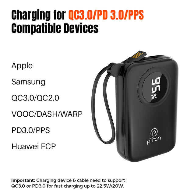 pTron Dynamo Electra 10000mAh 22.5W Nano Power Bank, Compact Size Fast Charging, Supports VOOC/Wrap/Dash USB Charging, 20W PD Fast Charging, Built-in Cables, 3 Output Ports & BIS Certified (Black)