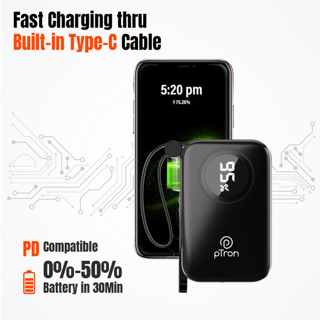 pTron Dynamo Electra 10000mAh 22.5W Nano Power Bank, Compact Size Fast Charging, Supports VOOC/Wrap/Dash USB Charging, 20W PD Fast Charging, Built-in Cables, 3 Output Ports & BIS Certified (Black)