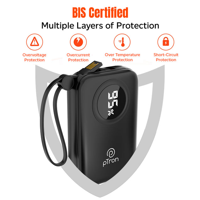 pTron Dynamo Electra 10000mAh 22.5W Nano Power Bank, Compact Size Fast Charging, Supports VOOC/Wrap/Dash USB Charging, 20W PD Fast Charging, Built-in Cables, 3 Output Ports & BIS Certified (Black)