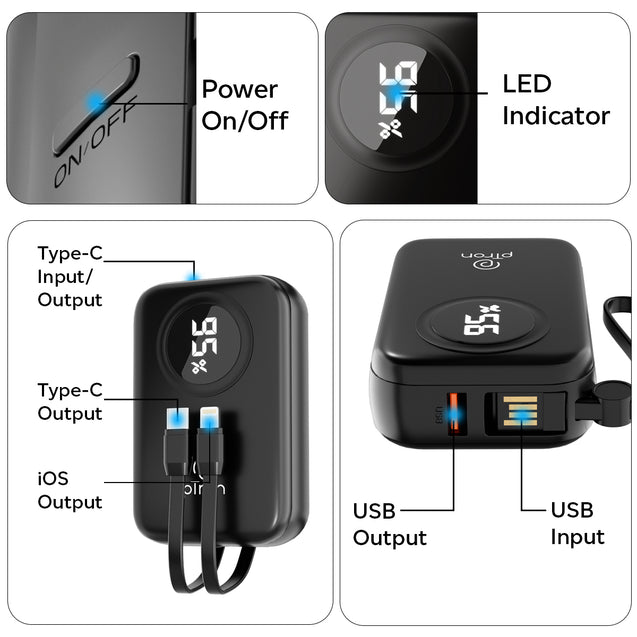 pTron Dynamo Electra 10000mAh 22.5W Nano Power Bank, Compact Size Fast Charging, Supports VOOC/Wrap/Dash USB Charging, 20W PD Fast Charging, Built-in Cables, 3 Output Ports & BIS Certified (Black)