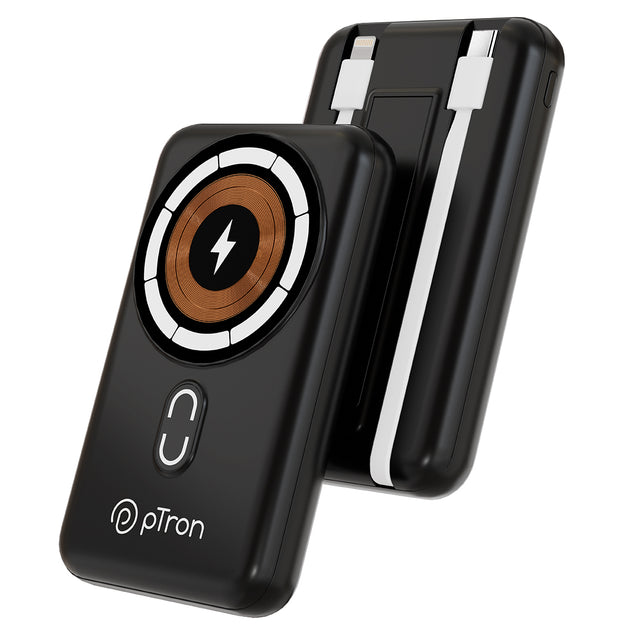 pTron Dynamo Quanta 10000mAh 22.5W Nano Power Bank, 15W Wireless MagSafe Charging, Compact Size Fast Charging, 20W PD Fast Charging, Built-in Cables, 3 Output Ports & BIS Certified (Black)