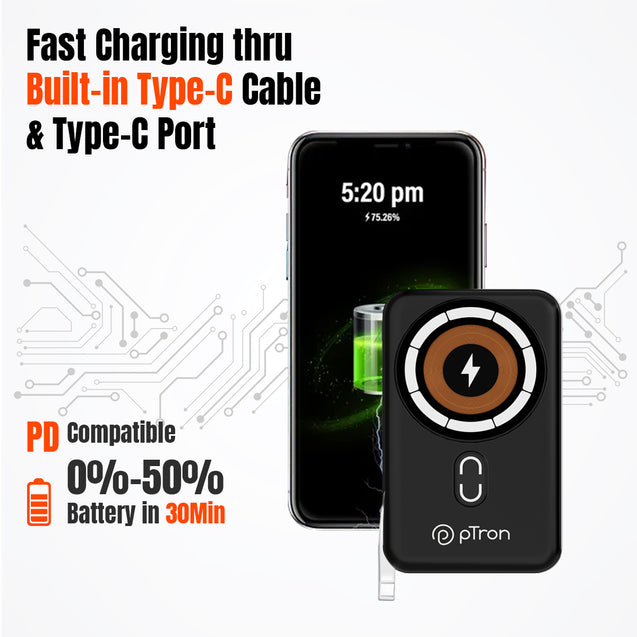 pTron Dynamo Quanta 10000mAh 22.5W Nano Power Bank, 15W Wireless MagSafe Charging, Compact Size Fast Charging, 20W PD Fast Charging, Built-in Cables, 3 Output Ports & BIS Certified (Black)