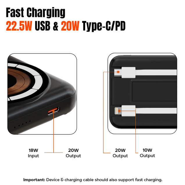 pTron Dynamo Quanta 10000mAh 22.5W Nano Power Bank, 15W Wireless MagSafe Charging, Compact Size Fast Charging, 20W PD Fast Charging, Built-in Cables, 3 Output Ports & BIS Certified (Black)