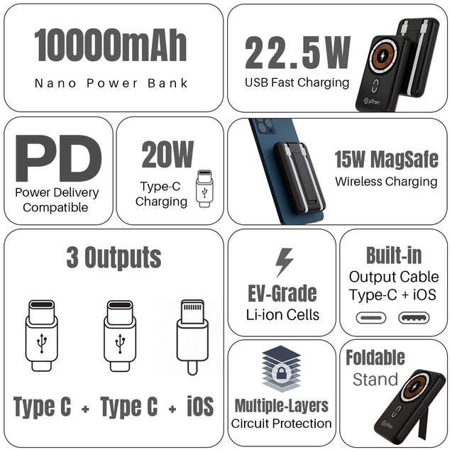 pTron Dynamo Quanta 10000mAh 22.5W Nano Power Bank, 15W Wireless MagSafe Charging, Compact Size Fast Charging, 20W PD Fast Charging, Built-in Cables, 3 Output Ports & BIS Certified (Black)