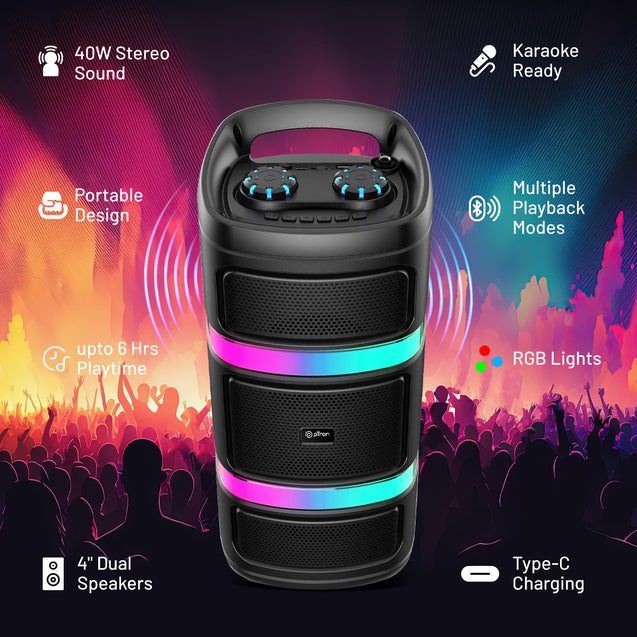 pTron Fusion Quad 40W Karaoke Bluetooth Party Speaker, Immersive Sound, RGB Lights, 3mtr Karaoke Mic, Mic Volume Control, 5 Equaliser, BT/USB/SD Card Playback & Type-C Charging (Black)