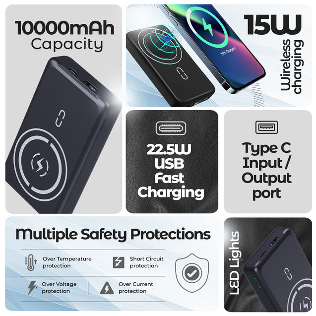 pTron Dynamo Arc 10000mAh 22.5W USB Fast Charging Power Bank, 15W MagSafe Wireless Charging, 20W PD/Type C Fast Charging, 3 Outputs/1 Input, Multiple Layers Of Protection & BIS Certified (Black)