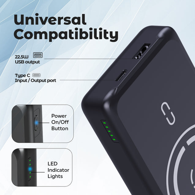 pTron Dynamo Arc 10000mAh 22.5W USB Fast Charging Power Bank, 15W MagSafe Wireless Charging, 20W PD/Type C Fast Charging, 3 Outputs/1 Input, Multiple Layers Of Protection & BIS Certified (Black)