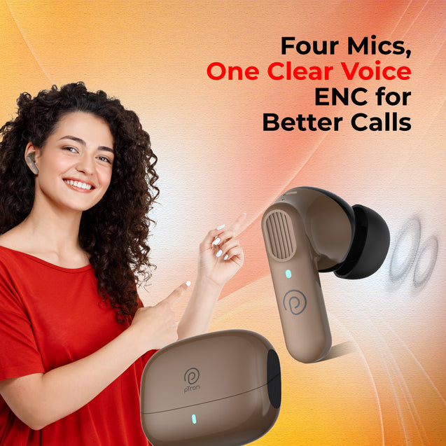 pTron Zenbuds 1 V2 ANC Bluetooth in Ear Earbuds 32Db Quietsound Tech,13Mm Hyperdrivers with 4D Panaromic Audio,4 Quadpro ANC Mics,40Ms Low Latency Game/Music Modes,Bluetooth V5.3 (Brown)