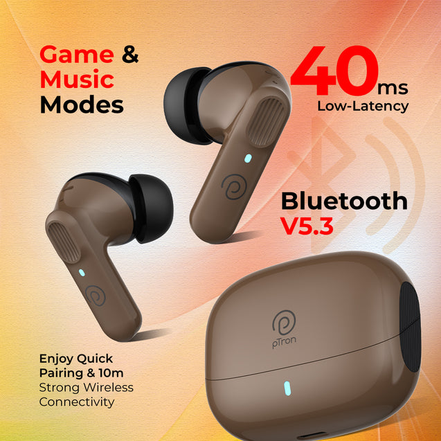 pTron Zenbuds 1 V2 ANC Bluetooth in Ear Earbuds 32Db Quietsound Tech,13Mm Hyperdrivers with 4D Panaromic Audio,4 Quadpro ANC Mics,40Ms Low Latency Game/Music Modes,Bluetooth V5.3 (Brown)