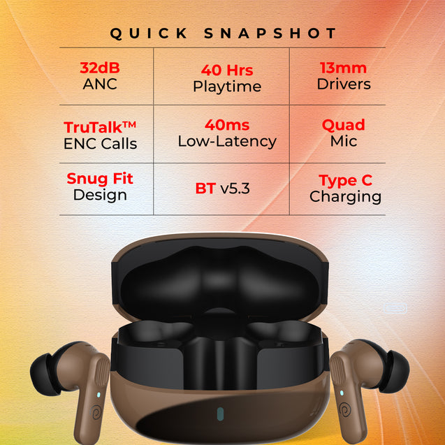 pTron Zenbuds 1 V2 ANC Bluetooth in Ear Earbuds 32Db Quietsound Tech,13Mm Hyperdrivers with 4D Panaromic Audio,4 Quadpro ANC Mics,40Ms Low Latency Game/Music Modes,Bluetooth V5.3 (Brown)
