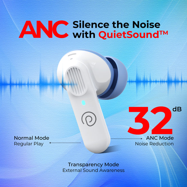 pTron Zenbuds 1 V2 ANC Bluetooth in Ear Earbuds 32Db Quietsound Tech,13Mm Hyperdrivers with 4D Panaromic Audio,4 Quadpro ANC Mics,40Ms Low Latency Game/Music Modes,Bluetooth V5.3 (White)