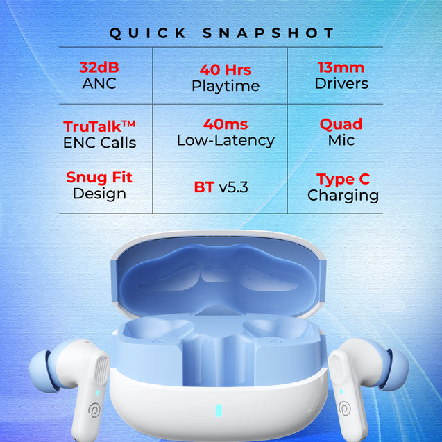 pTron Zenbuds 1 V2 ANC Bluetooth in Ear Earbuds 32Db Quietsound Tech,13Mm Hyperdrivers with 4D Panaromic Audio,4 Quadpro ANC Mics,40Ms Low Latency Game/Music Modes,Bluetooth V5.3 (White)