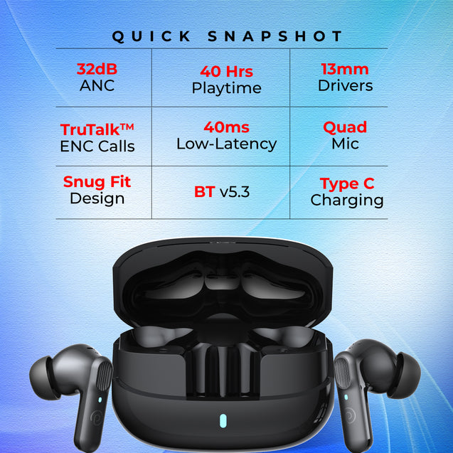pTron Zenbuds 1 V2 ANC Bluetooth in Ear Earbuds 32Db Quietsound Tech,13Mm Hyperdrivers with 4D Panaromic Audio,4 Quadpro ANC Mics,40Ms Low Latency Game/Music Modes,Bluetooth V5.3 (Black)