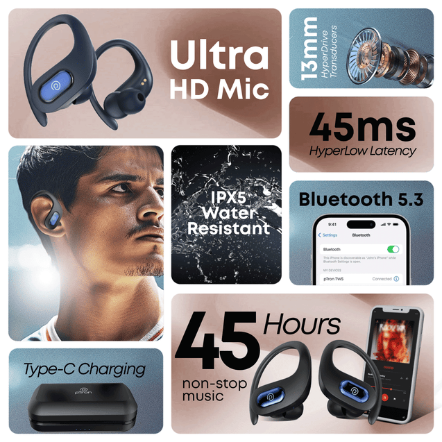 pTron Bassbuds Sports In-Ear TWS Earbuds with Ultra HD Mic, 13mm HyperDrive Transducers with Bass Emitters, 45H Playtime, 45ms HyperLow-Latency, BTV5.3 Wireless Headphones, Type-C Charging & IPX5 (Black)