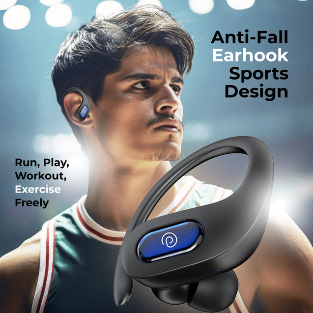 pTron Bassbuds Sports In-Ear TWS Earbuds with Ultra HD Mic, 13mm HyperDrive Transducers with Bass Emitters, 45H Playtime, 45ms HyperLow-Latency, BTV5.3 Wireless Headphones, Type-C Charging & IPX5 (Black)