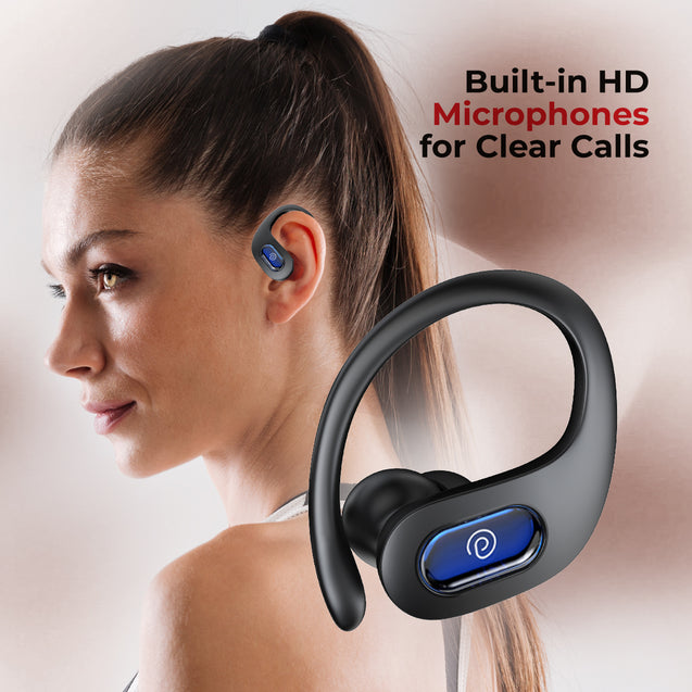 pTron Bassbuds Sports In-Ear TWS Earbuds with Ultra HD Mic, 13mm HyperDrive Transducers with Bass Emitters, 45H Playtime, 45ms HyperLow-Latency, BTV5.3 Wireless Headphones, Type-C Charging & IPX5 (Black)