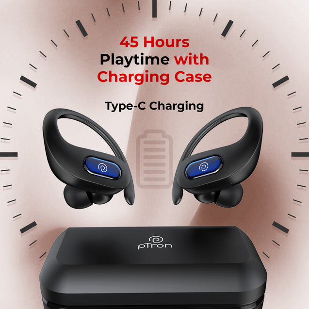 pTron Bassbuds Sports In-Ear TWS Earbuds with Ultra HD Mic, 13mm HyperDrive Transducers with Bass Emitters, 45H Playtime, 45ms HyperLow-Latency, BTV5.3 Wireless Headphones, Type-C Charging & IPX5 (Black)