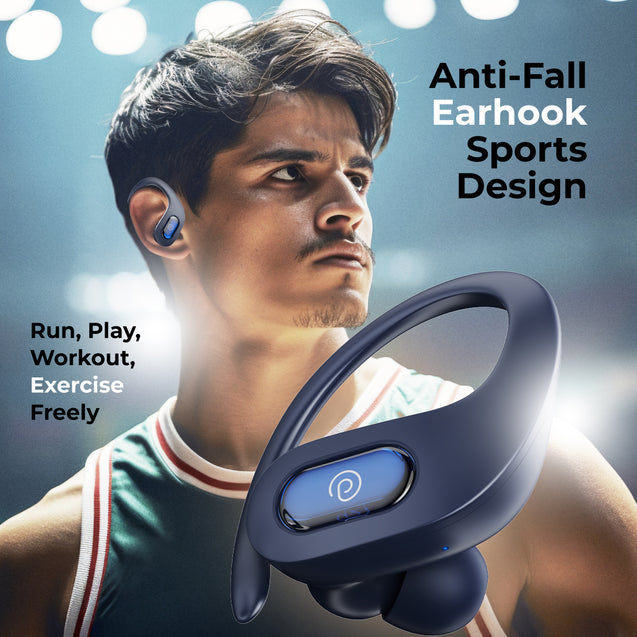 pTron Bassbuds Sports In-Ear TWS Earbuds with Ultra HD Mic, 13mm HyperDrive Transducers with Bass Emitters, 45H Playtime, 45ms HyperLow-Latency, BTV5.3 Wireless Headphones, Type-C Charging & IPX5 (Blue)