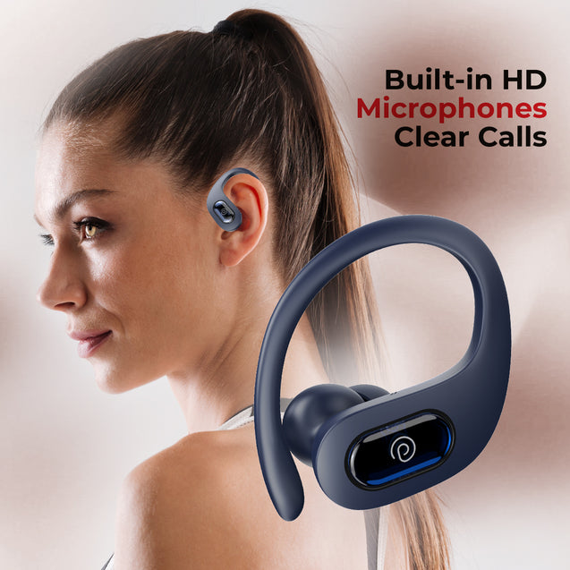pTron Bassbuds Sports In-Ear TWS Earbuds with Ultra HD Mic, 13mm HyperDrive Transducers with Bass Emitters, 45H Playtime, 45ms HyperLow-Latency, BTV5.3 Wireless Headphones, Type-C Charging & IPX5 (Blue)