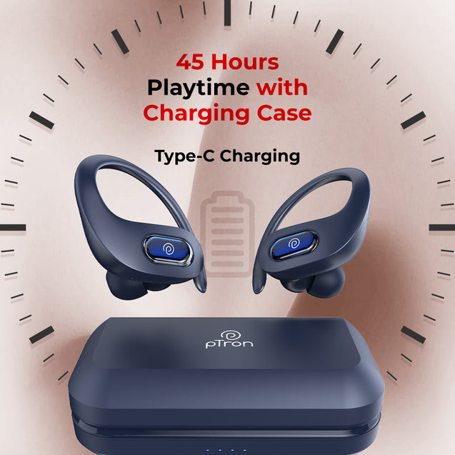 pTron Bassbuds Sports In-Ear TWS Earbuds with Ultra HD Mic, 13mm HyperDrive Transducers with Bass Emitters, 45H Playtime, 45ms HyperLow-Latency, BTV5.3 Wireless Headphones, Type-C Charging & IPX5 (Blue)