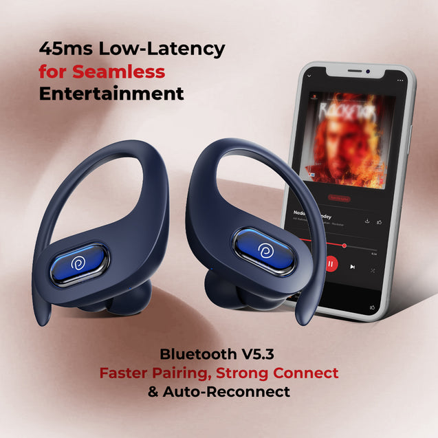 pTron Bassbuds Sports In-Ear TWS Earbuds with Ultra HD Mic, 13mm HyperDrive Transducers with Bass Emitters, 45H Playtime, 45ms HyperLow-Latency, BTV5.3 Wireless Headphones, Type-C Charging & IPX5 (Blue)