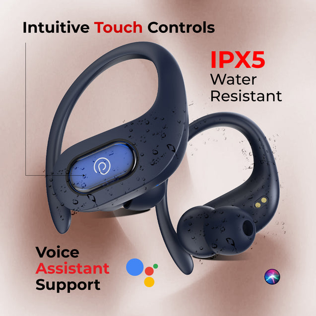 pTron Bassbuds Sports In-Ear TWS Earbuds with Ultra HD Mic, 13mm HyperDrive Transducers with Bass Emitters, 45H Playtime, 45ms HyperLow-Latency, BTV5.3 Wireless Headphones, Type-C Charging & IPX5 (Blue)