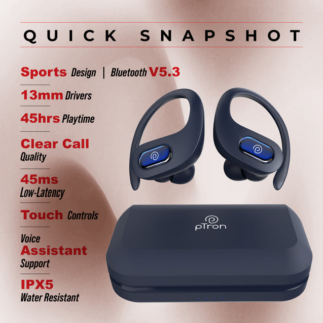 pTron Bassbuds Sports In-Ear TWS Earbuds with Ultra HD Mic, 13mm HyperDrive Transducers with Bass Emitters, 45H Playtime, 45ms HyperLow-Latency, BTV5.3 Wireless Headphones, Type-C Charging & IPX5 (Blue)