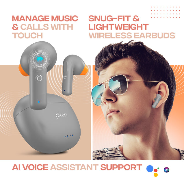 pTron Bassbuds NX in Ear TWS Earbuds, TruTalk AI-ENC Calls, 32Hrs Playtime, 13mm Drivers, Bluetooth 5.3 Wireless Headphone, Voice Assistant, Type-C Fast Charging & IPX5 Water Resistant (Cool Gray)