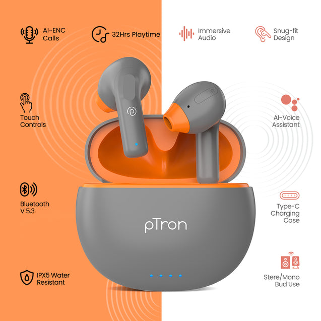 pTron Bassbuds NX in Ear TWS Earbuds, TruTalk AI-ENC Calls, 32Hrs Playtime, 13mm Drivers, Bluetooth 5.3 Wireless Headphone, Voice Assistant, Type-C Fast Charging & IPX5 Water Resistant (Cool Gray)