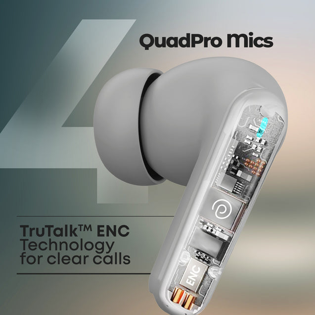 pTron Bassbuds Bliss Quad Mic In-Ear TWS Earbuds with TruTalk ENC Calls, 40H Playtime, 50ms Game/Music Modes, BT5.3 Headphones, Type C Fast Charging & IPX5 Water Resistant (Grey)
