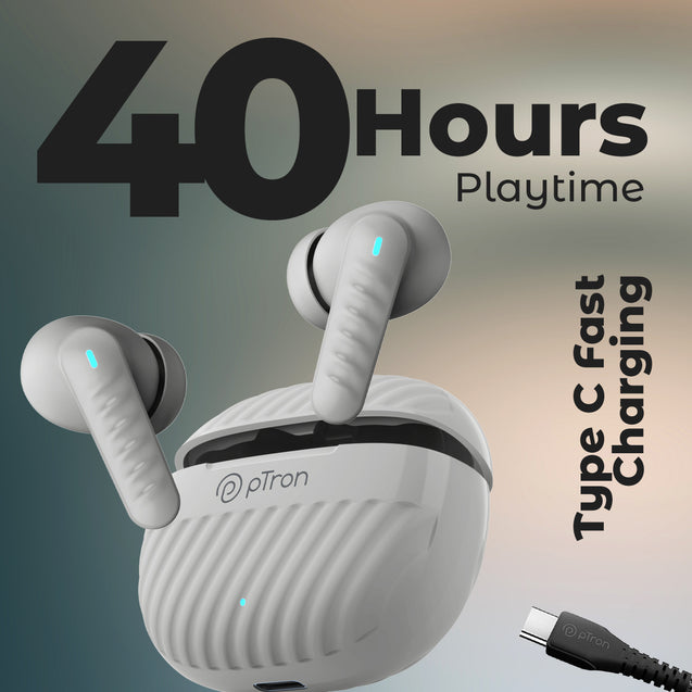 pTron Bassbuds Bliss Quad Mic In-Ear TWS Earbuds with TruTalk ENC Calls, 40H Playtime, 50ms Game/Music Modes, BT5.3 Headphones, Type C Fast Charging & IPX5 Water Resistant (Grey)