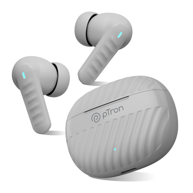 pTron Bassbuds Bliss Quad Mic In-Ear TWS Earbuds with TruTalk ENC Calls, 40H Playtime, 50ms Game/Music Modes, BT5.3 Headphones, Type C Fast Charging & IPX5 Water Resistant (Grey)