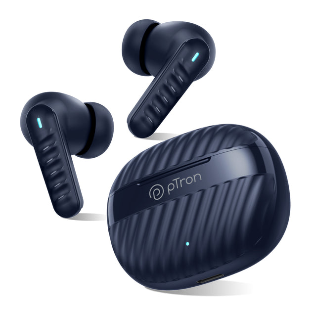 pTron Bassbuds Bliss Quad Mic In-Ear TWS Earbuds with TruTalk ENC Calls, 40H Playtime, 50ms Game/Music Modes, BT5.3 Headphones, Type C Fast Charging & IPX5 Water Resistant (Blue)