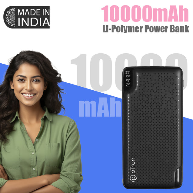 pTron Dynamo Elite 10000mAh 22.5W Power Bank Supports VOOC/Wrap/Dash USB Charging, 20W PD Fast Charging, 3 Output Ports, 2 Input Ports & Multiple Layers of Protection (Jet Black)