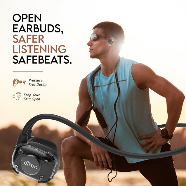 pTron Tangent Impulse Safebeats Open Ear Wireless Headphones with Mic, 10H Playtime, Designed for Ear Health & Comfort, Bluetooth V5.3, Dual Device Pairing & Type-C Fast Charging (Active Black)
