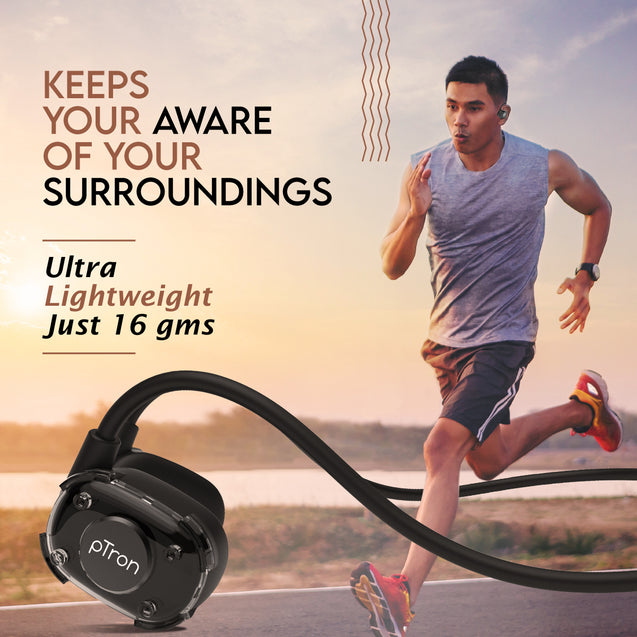 pTron Tangent Impulse Safebeats Open Ear Wireless Headphones with Mic, 10H Playtime, Designed for Ear Health & Comfort, Bluetooth V5.3, Dual Device Pairing & Type-C Fast Charging (Active Black)
