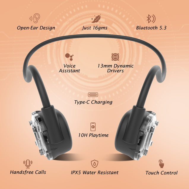 pTron Tangent Impulse Safebeats Open Ear Wireless Headphones with Mic, 10H Playtime, Designed for Ear Health & Comfort, Bluetooth V5.3, Dual Device Pairing & Type-C Fast Charging (Active Black)