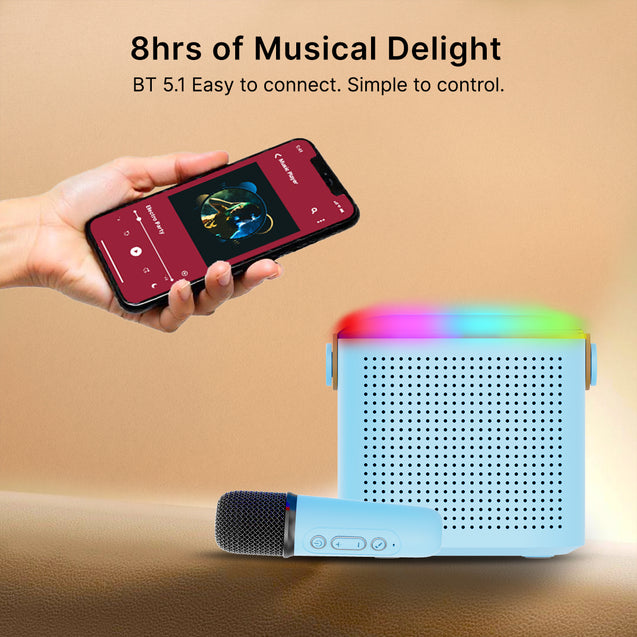 pTron Fusion Tunes 10W Mini Bluetooth Speaker with Wireless Karaoke Mic, 8Hrs Playtime, Vivid RGB Lights, Voice Effects, Multi-Play Modes BT5.1/TF Card & Type-C Charging Port (Blue)