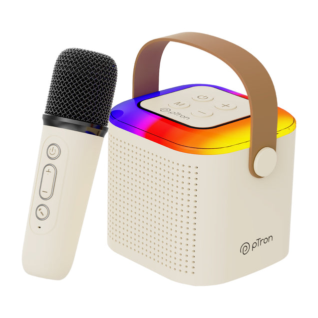 pTron Fusion Tunes 10W Mini Bluetooth Speaker with Wireless Karaoke Mic, 8Hrs Playtime, Vivid RGB Lights, Voice Effects, Multi-Play Modes BT5.1/TF Card & Type-C Charging Port (Light Cream)