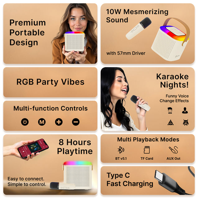 pTron Fusion Tunes 10W Mini Bluetooth Speaker with Wireless Karaoke Mic, 8Hrs Playtime, Vivid RGB Lights, Voice Effects, Multi-Play Modes BT5.1/TF Card & Type-C Charging Port (Light Cream)