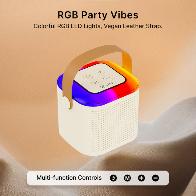 pTron Fusion Tunes 10W Mini Bluetooth Speaker with Wireless Karaoke Mic, 8Hrs Playtime, Vivid RGB Lights, Voice Effects, Multi-Play Modes BT5.1/TF Card & Type-C Charging Port (Light Cream)