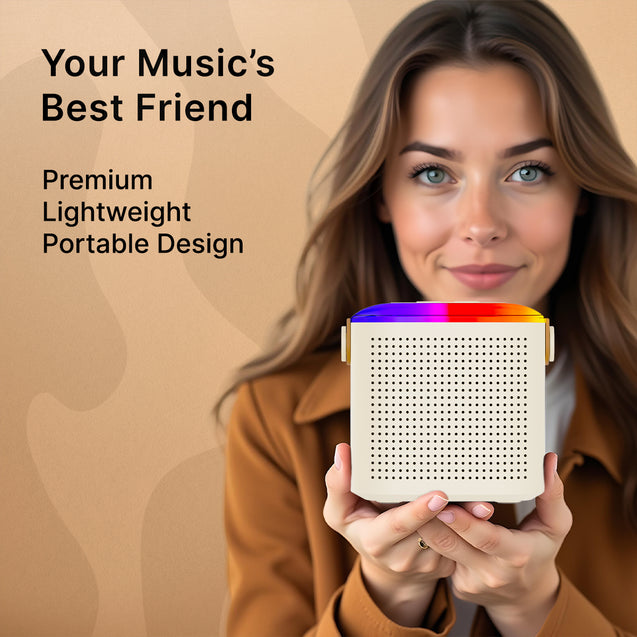 pTron Fusion Tunes 10W Mini Bluetooth Speaker with Wireless Karaoke Mic, 8Hrs Playtime, Vivid RGB Lights, Voice Effects, Multi-Play Modes BT5.1/TF Card & Type-C Charging Port (Light Cream)