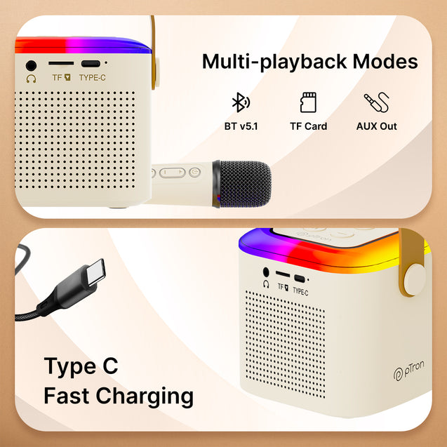 pTron Fusion Tunes 10W Mini Bluetooth Speaker with Wireless Karaoke Mic, 8Hrs Playtime, Vivid RGB Lights, Voice Effects, Multi-Play Modes BT5.1/TF Card & Type-C Charging Port (Light Cream)