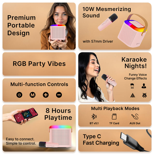 pTron Fusion Tunes 10W Mini Bluetooth Speaker with Wireless Karaoke Mic, 8Hrs Playtime, Vivid RGB Lights, Voice Effects, Multi-Play Modes BT5.1/TF Card & Type-C Charging Port (Light Pink)