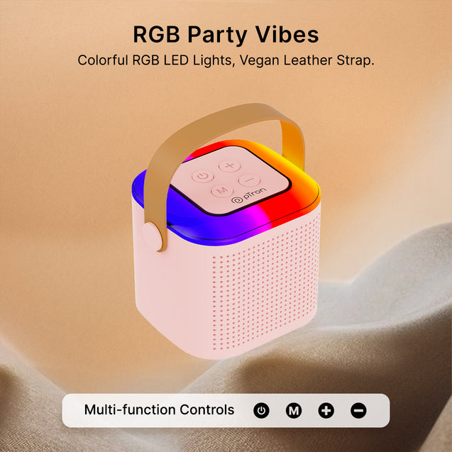 pTron Fusion Tunes 10W Mini Bluetooth Speaker with Wireless Karaoke Mic, 8Hrs Playtime, Vivid RGB Lights, Voice Effects, Multi-Play Modes BT5.1/TF Card & Type-C Charging Port (Light Pink)