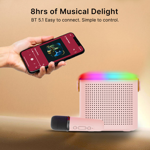 pTron Fusion Tunes 10W Mini Bluetooth Speaker with Wireless Karaoke Mic, 8Hrs Playtime, Vivid RGB Lights, Voice Effects, Multi-Play Modes BT5.1/TF Card & Type-C Charging Port (Light Pink)