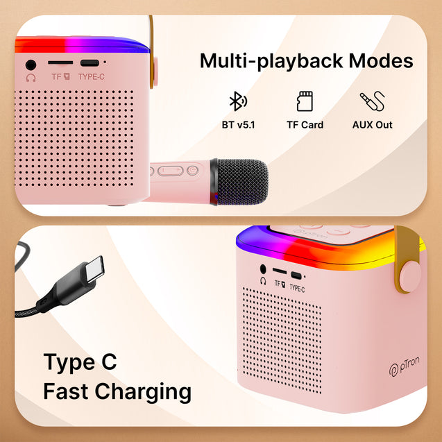 pTron Fusion Tunes 10W Mini Bluetooth Speaker with Wireless Karaoke Mic, 8Hrs Playtime, Vivid RGB Lights, Voice Effects, Multi-Play Modes BT5.1/TF Card & Type-C Charging Port (Light Pink)