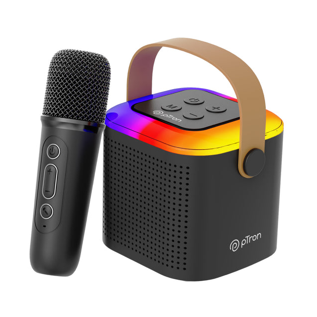 pTron Fusion Tunes 10W Mini Bluetooth Speaker with Wireless Karaoke Mic, 8Hrs Playtime, Vivid RGB Lights, Voice Effects, Multi-Play Modes BT5.1/TF Card & Type-C Charging Port (Black)